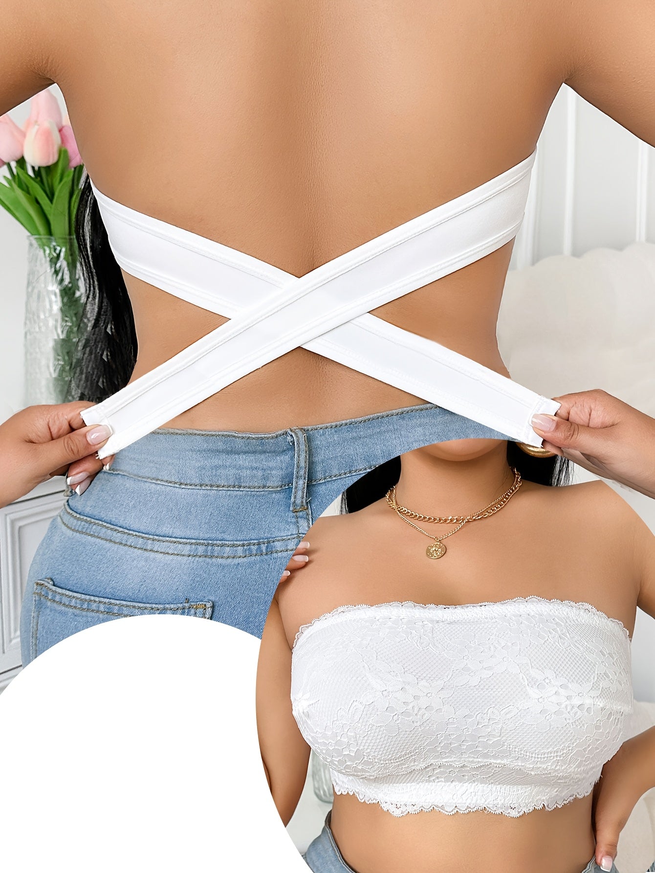 Women's Strapless Tube Top - Lace Splicing Back Buckle detail view