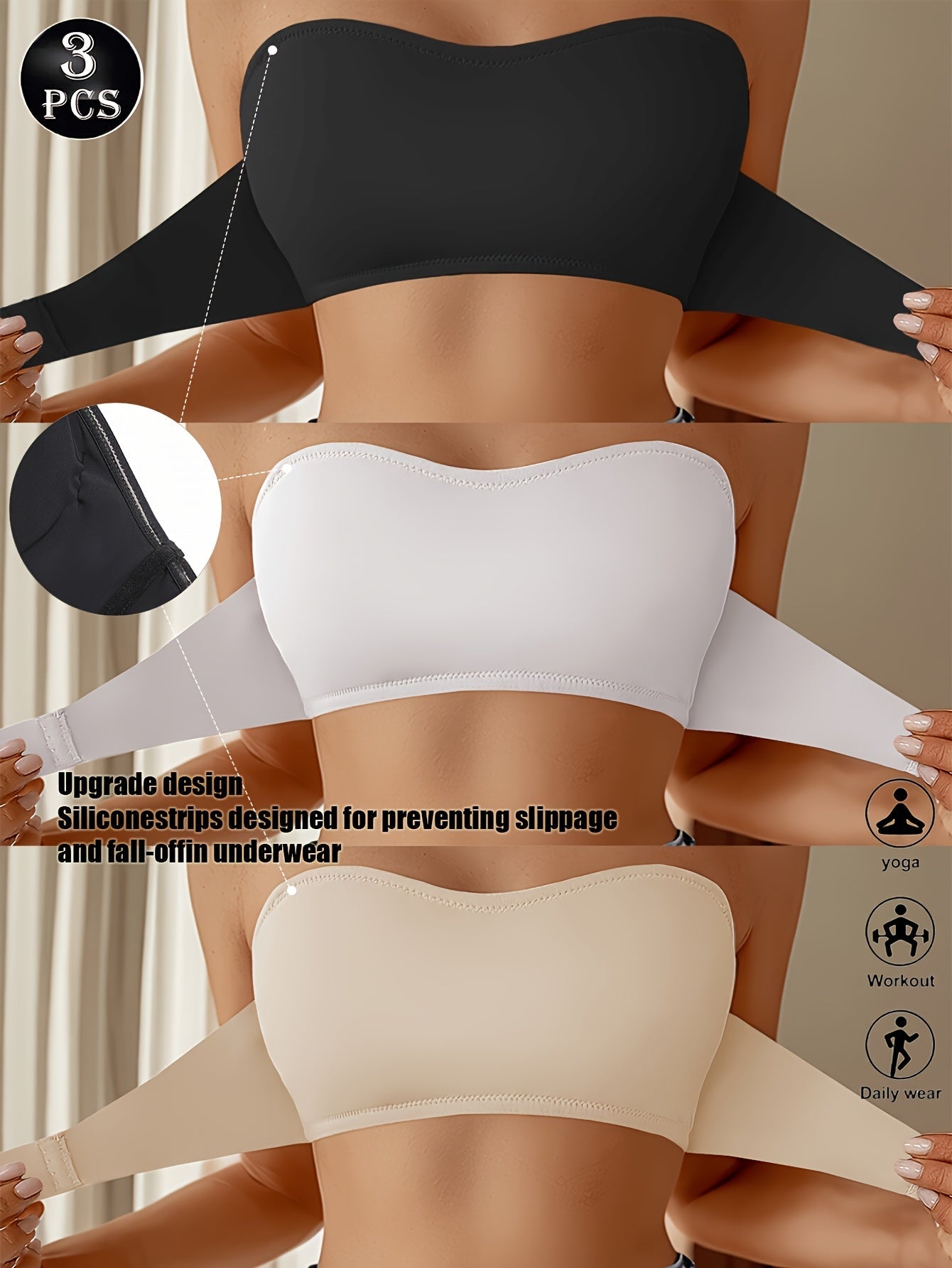 Women's Strapless Wireless Bra - 3-Pack Fixed Padding, Everyday Support – view 2