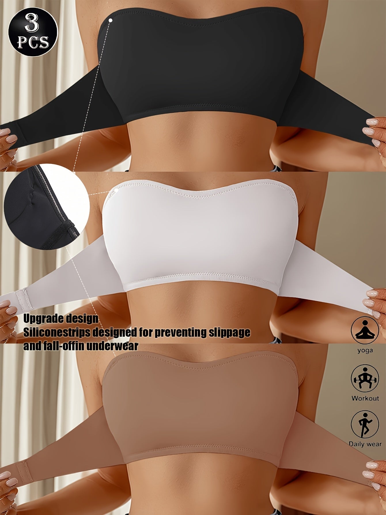 Women's Strapless Wireless Bra - 3-Pack Fixed Padding, Everyday Support – view 10