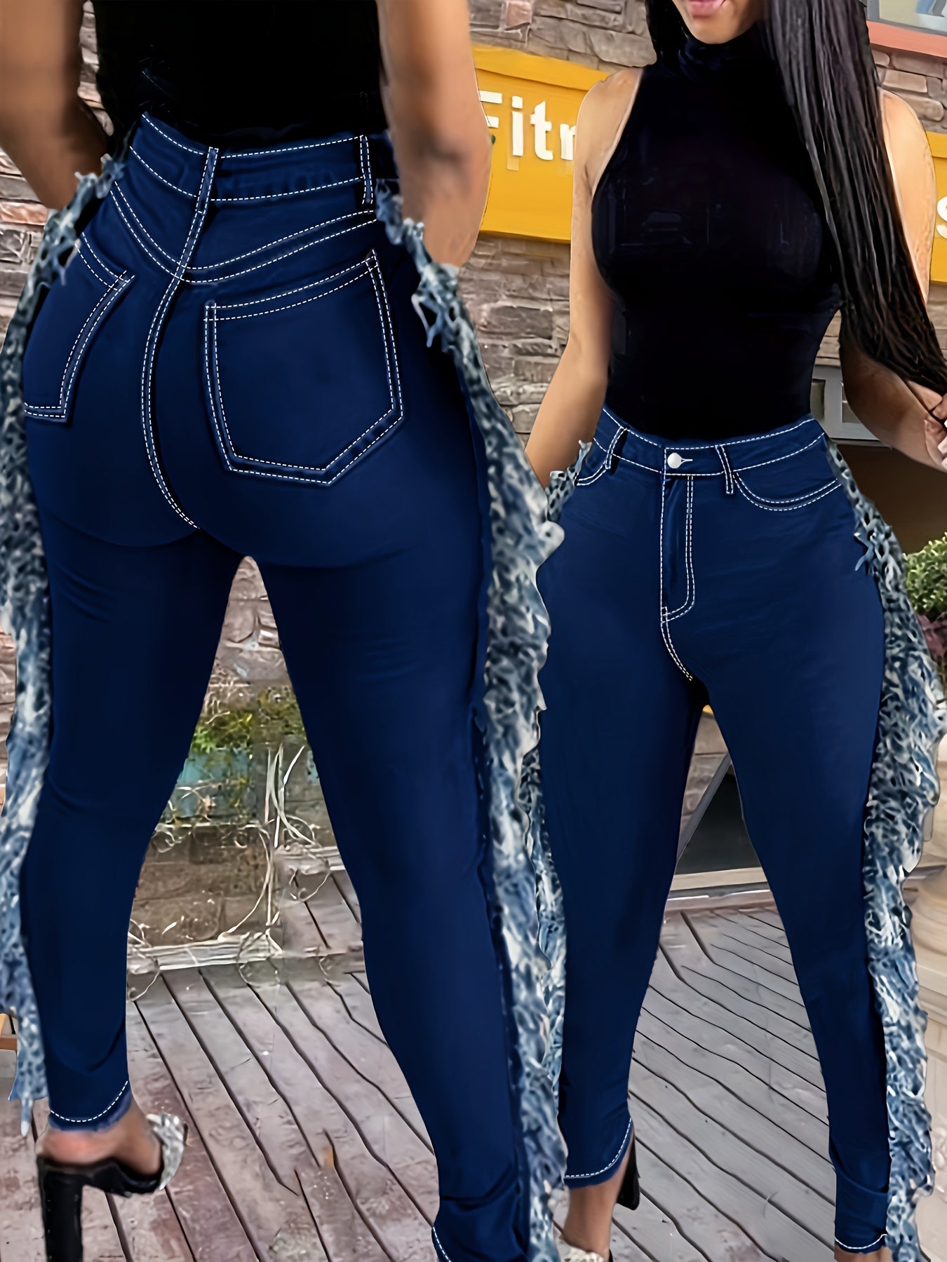 Women's Stretch Jeans - High-Waist Fit – Dark Blue detail view