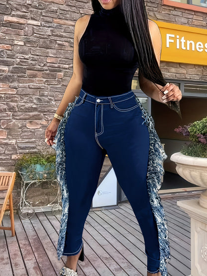 Women's Stretch Jeans - High-Waist Fit – Dark Blue detail view