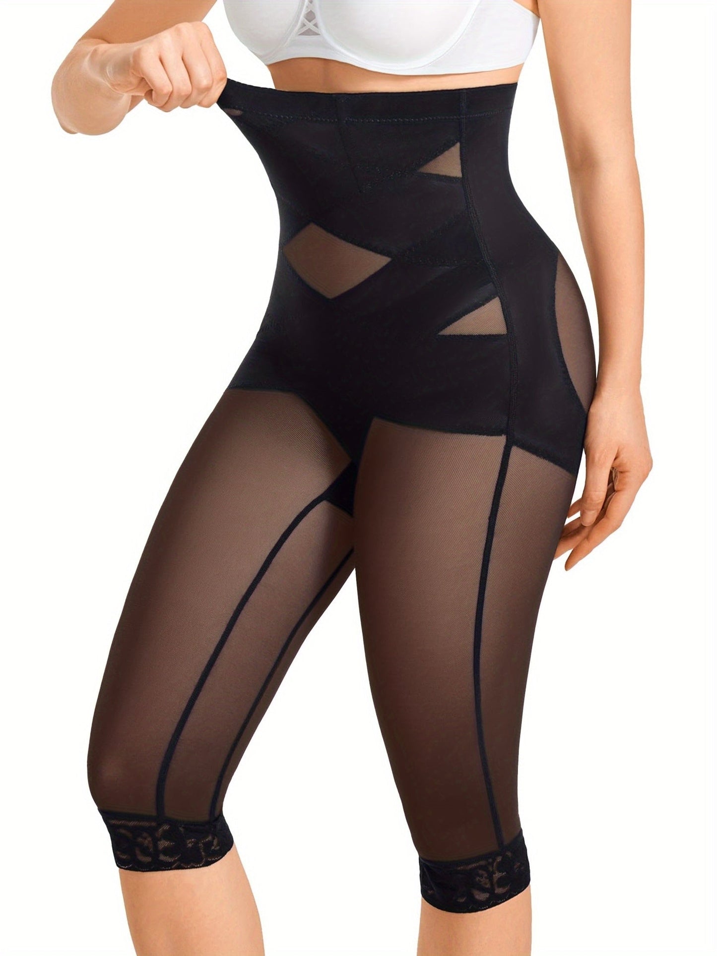 Women's Stretch Leggings - High-Waist Fit – Black / Light Beige – view 4