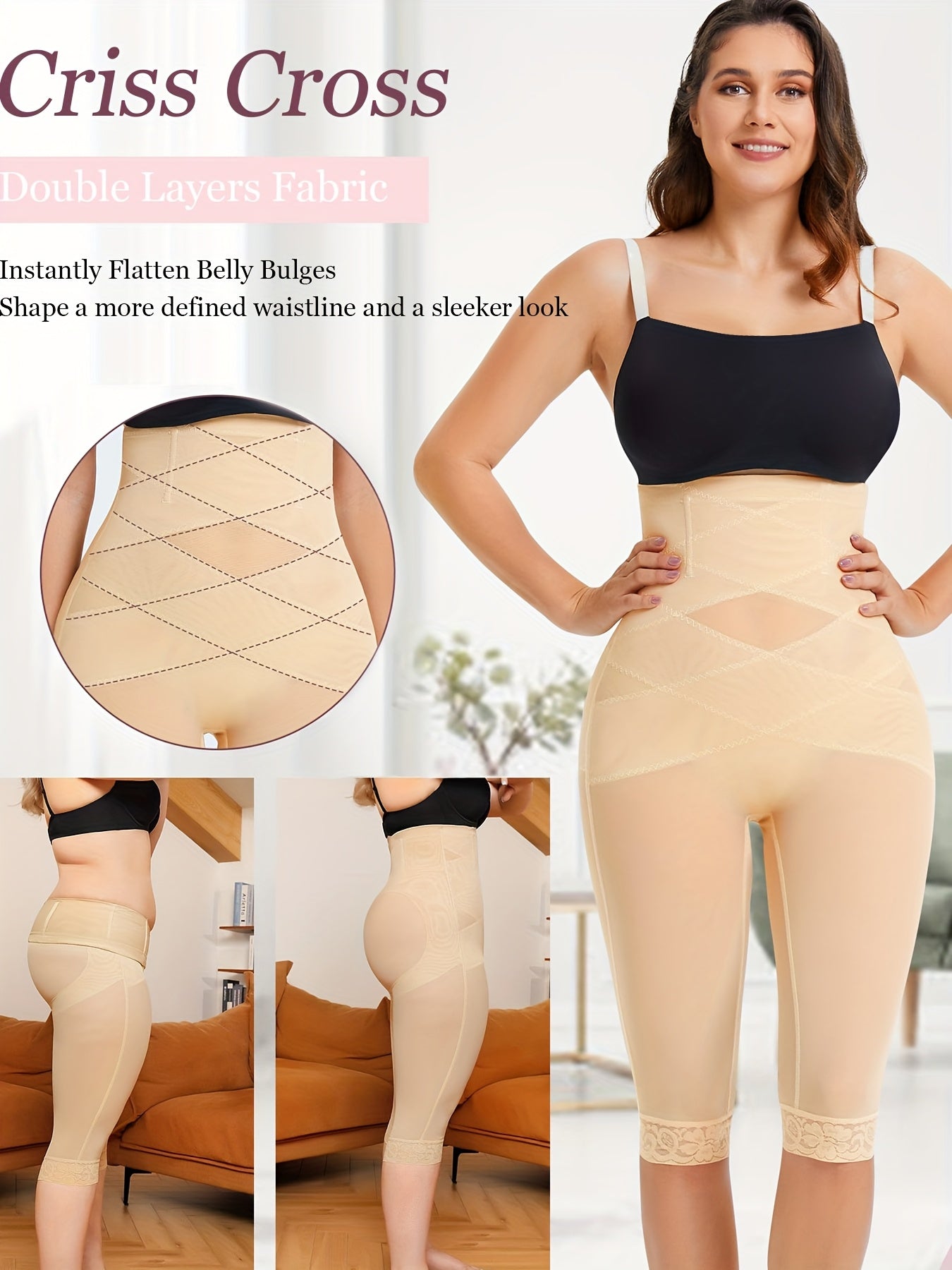 Women's Stretch Leggings - High-Waist Fit – Black / Light Beige – view 14