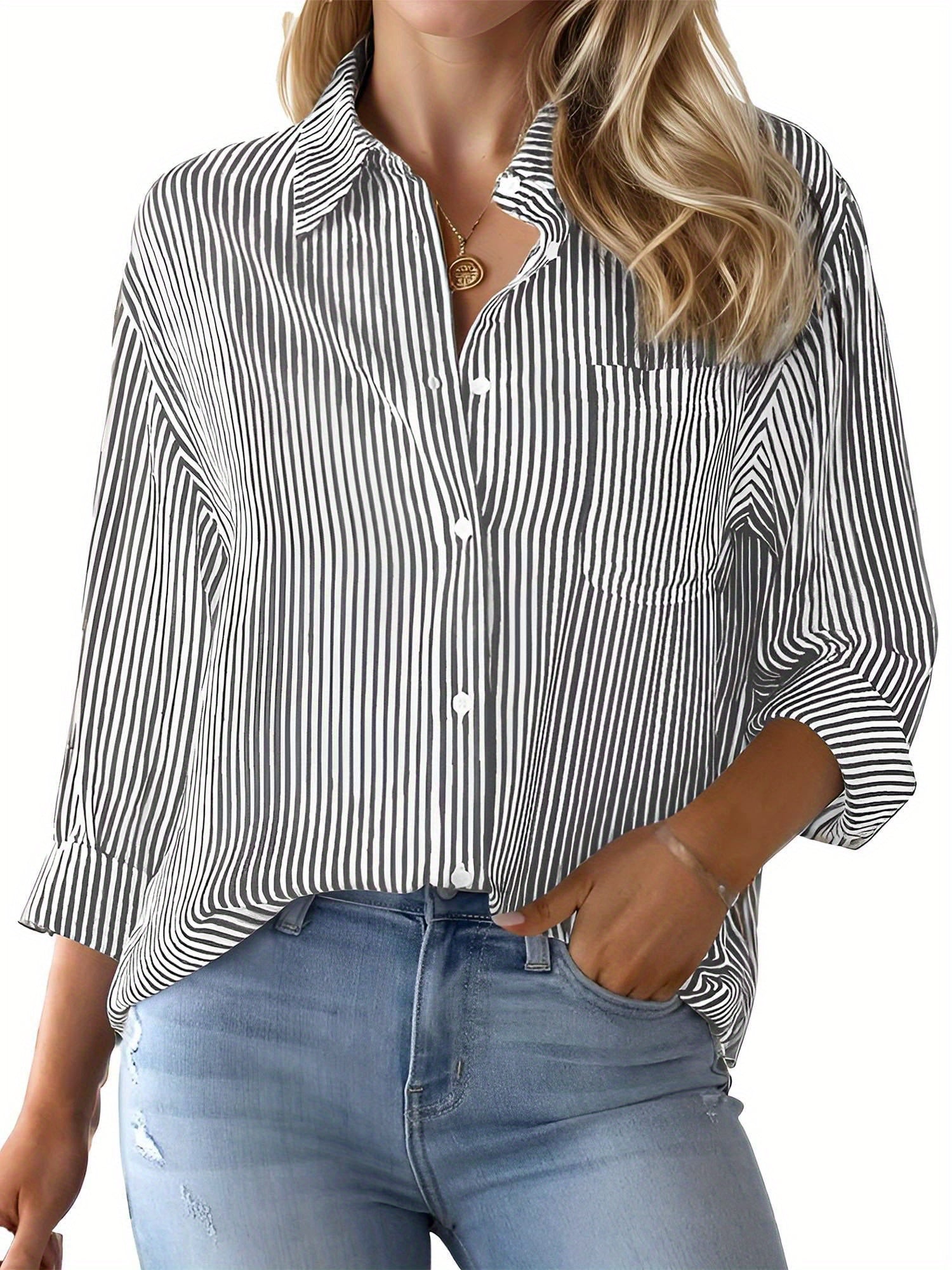 Women's Striped Blouse - Collared Long Sleeve detail view