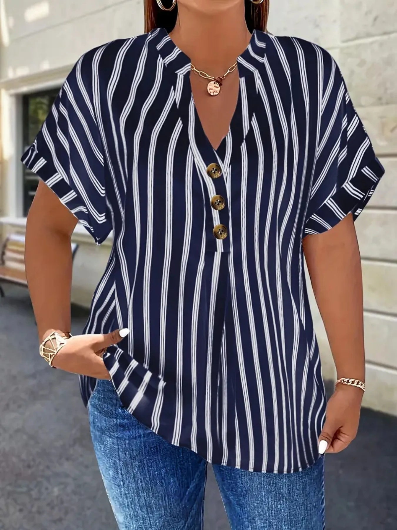Women's Striped Blouse - V-Neck Short Sleeve detail view