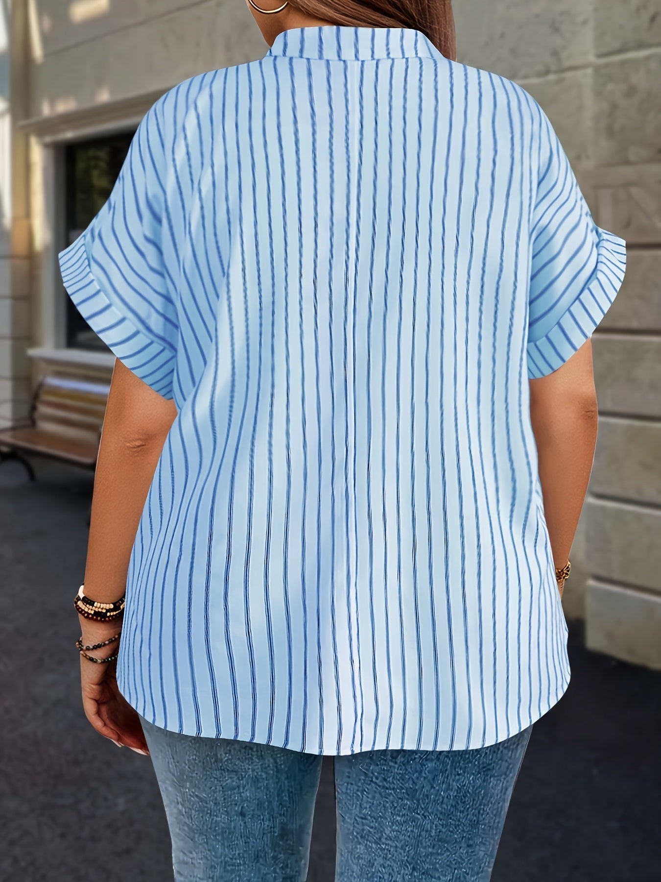 Women's Striped Blouse - V-Neck Short Sleeve detail view