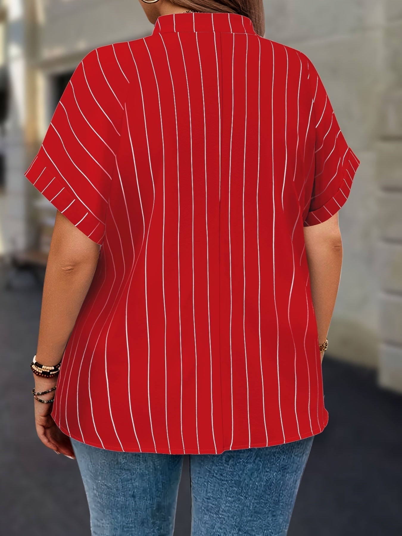 Women's Striped Blouse - V-Neck Short Sleeve detail view