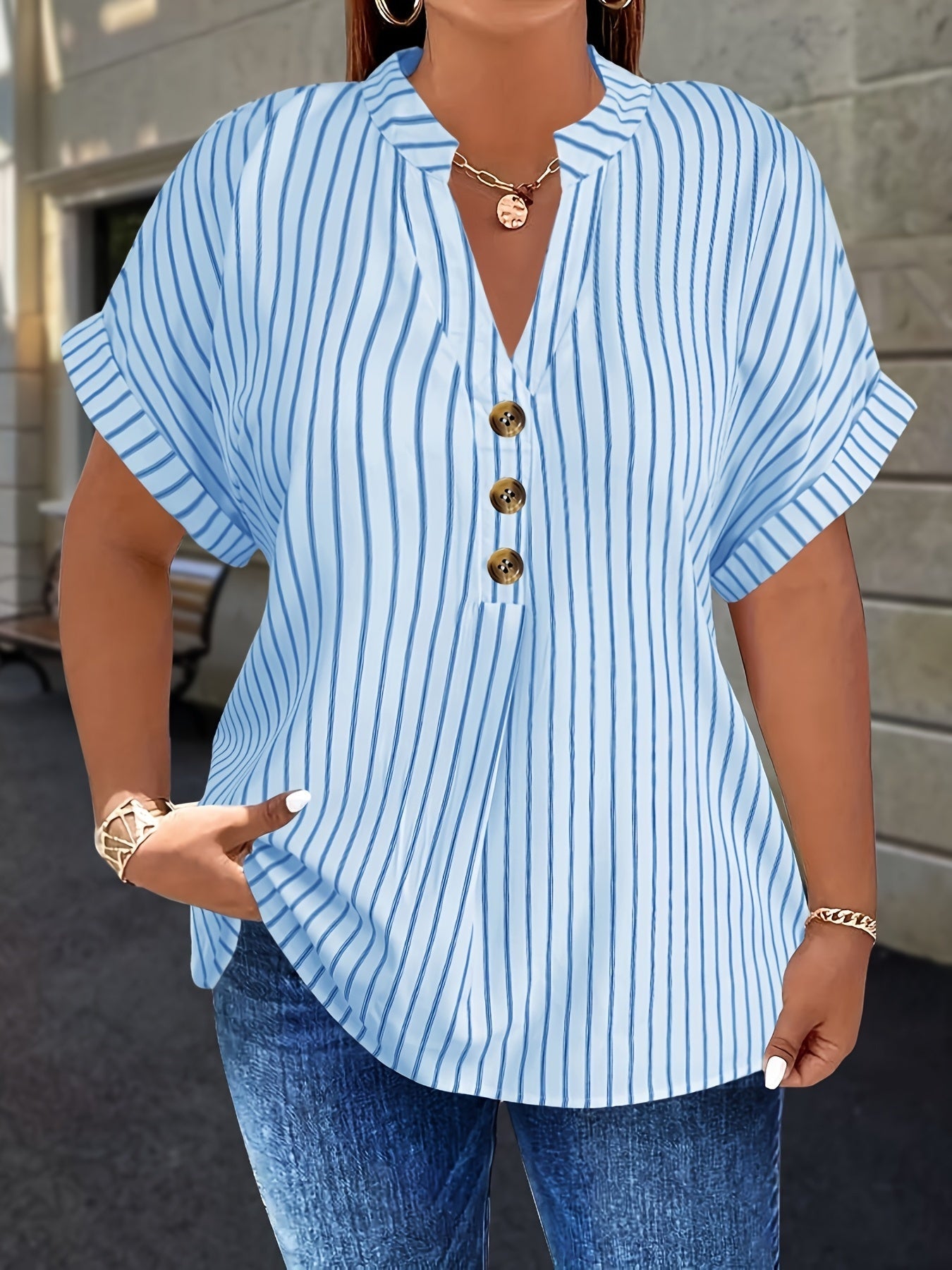 Women's Striped Blouse - V-Neck Short Sleeve detail view
