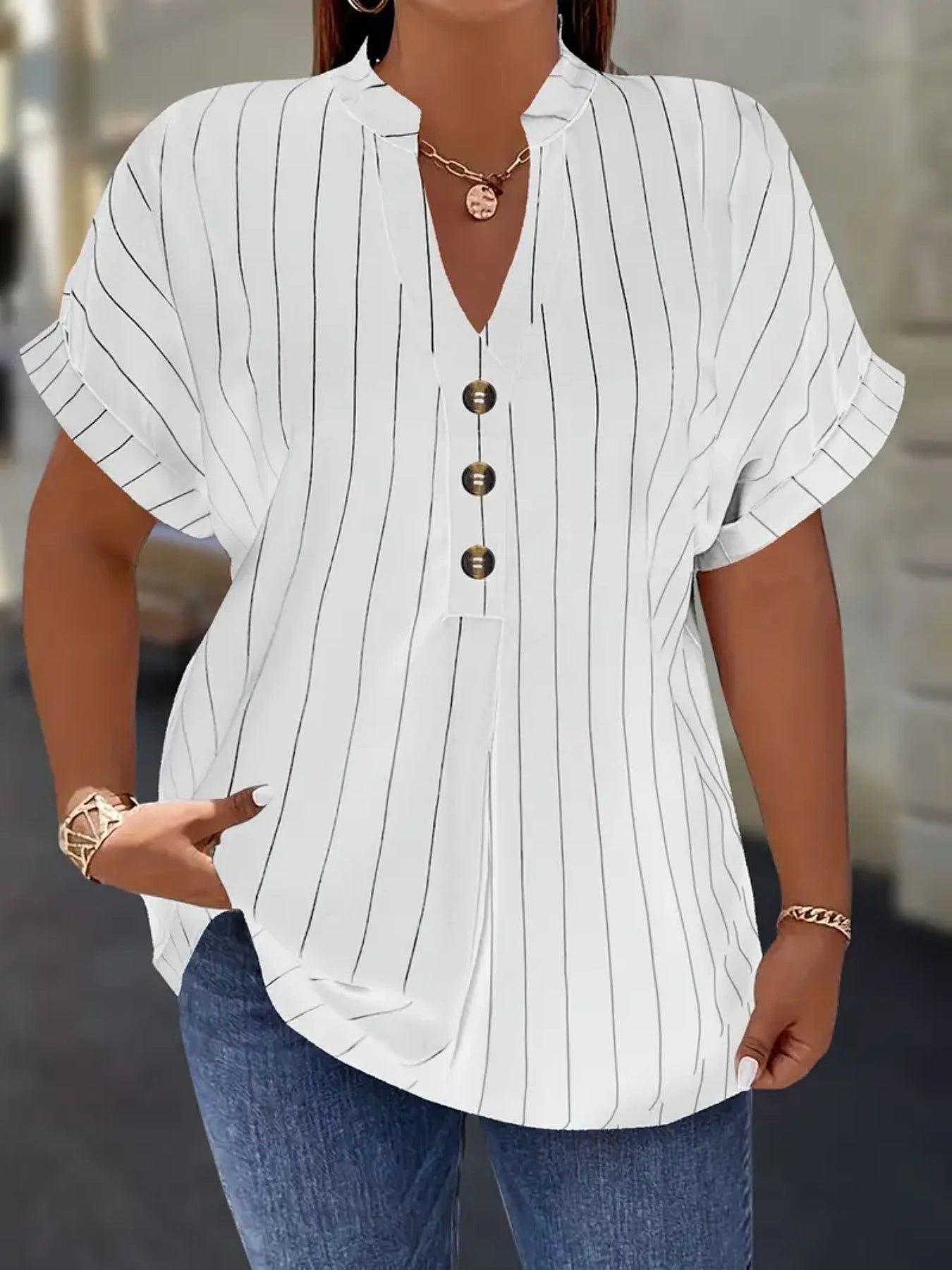 Women's Striped Blouse - V-Neck Short Sleeve detail view