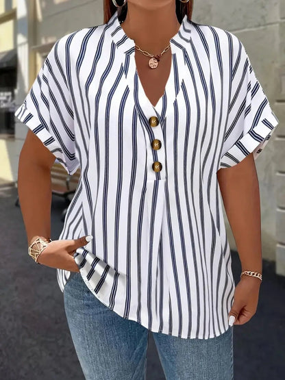 Women's Striped Blouse - V-Neck Short Sleeve – Red option – view 2