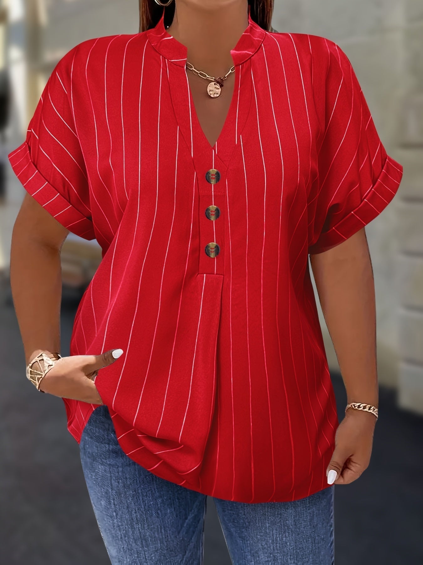 Women's Striped Blouse - V-Neck Short Sleeve – Red option – view 3