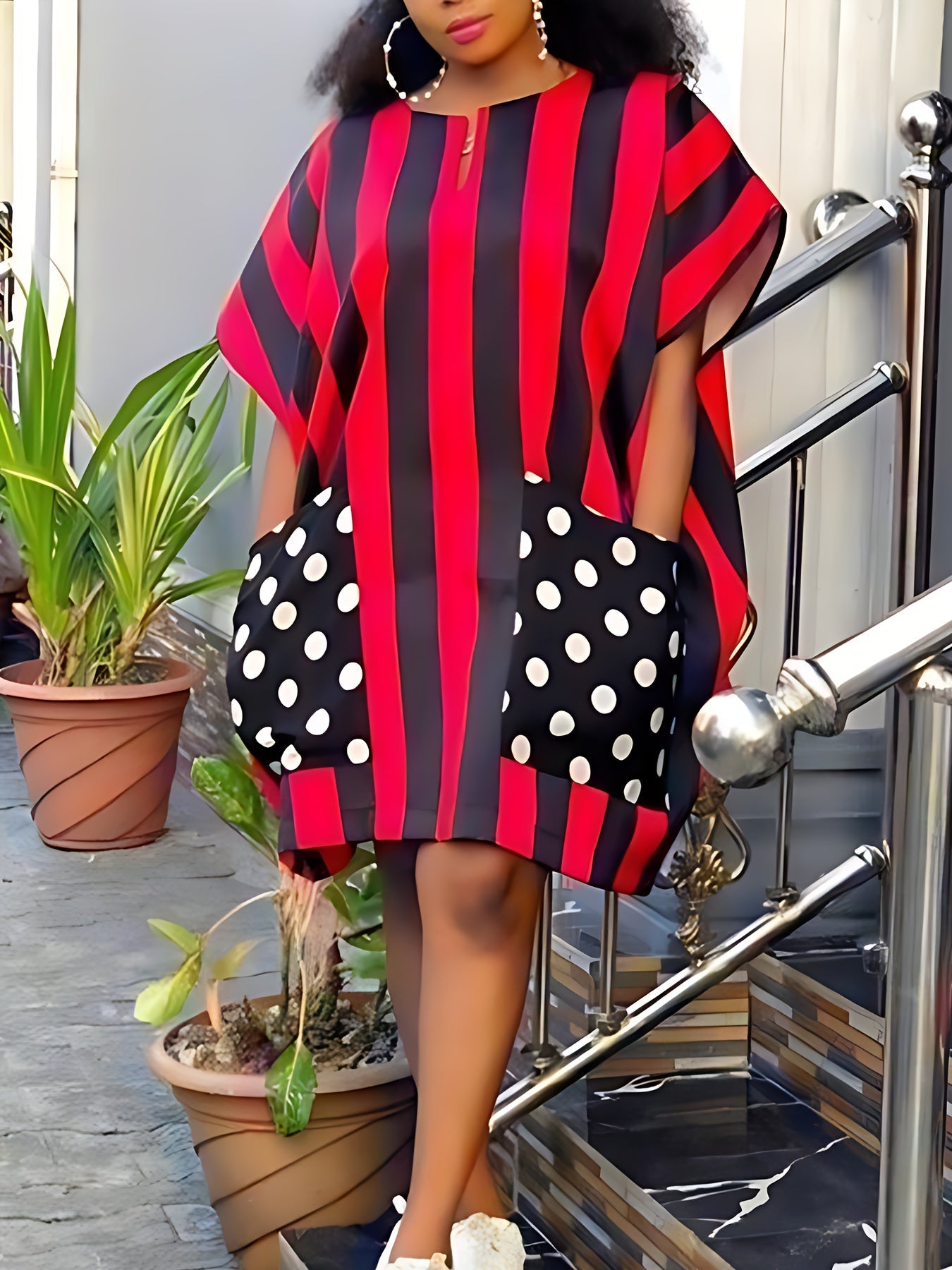 Women's Striped Casual Dress - Pocket detail view