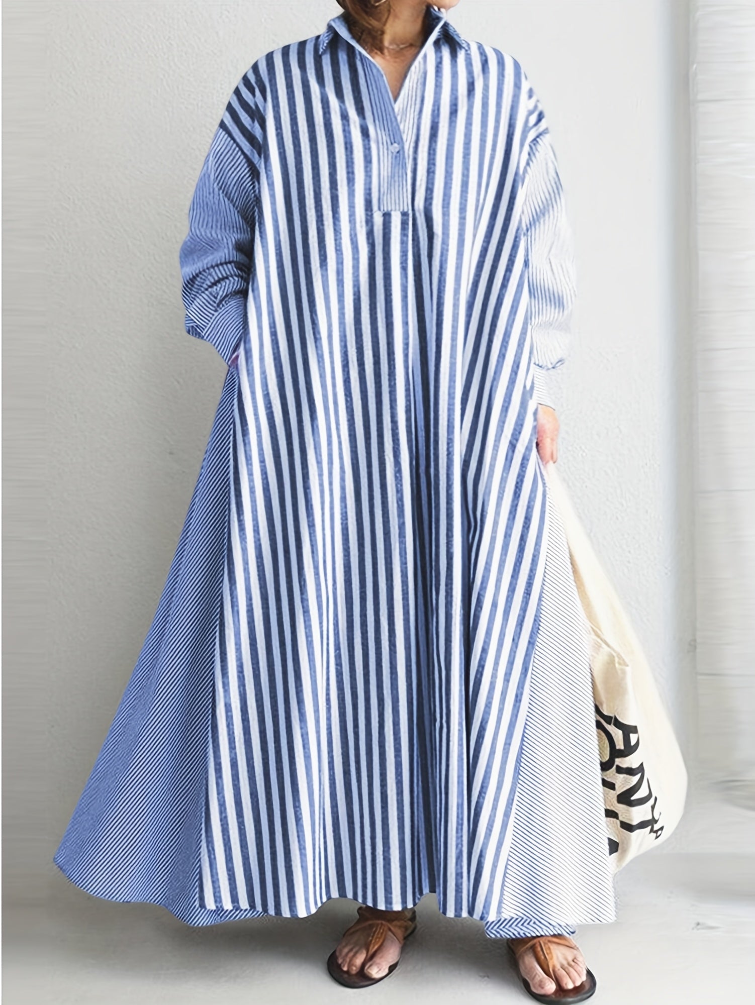 Women's Striped Collared Shirt Dress - Button Front – view 8