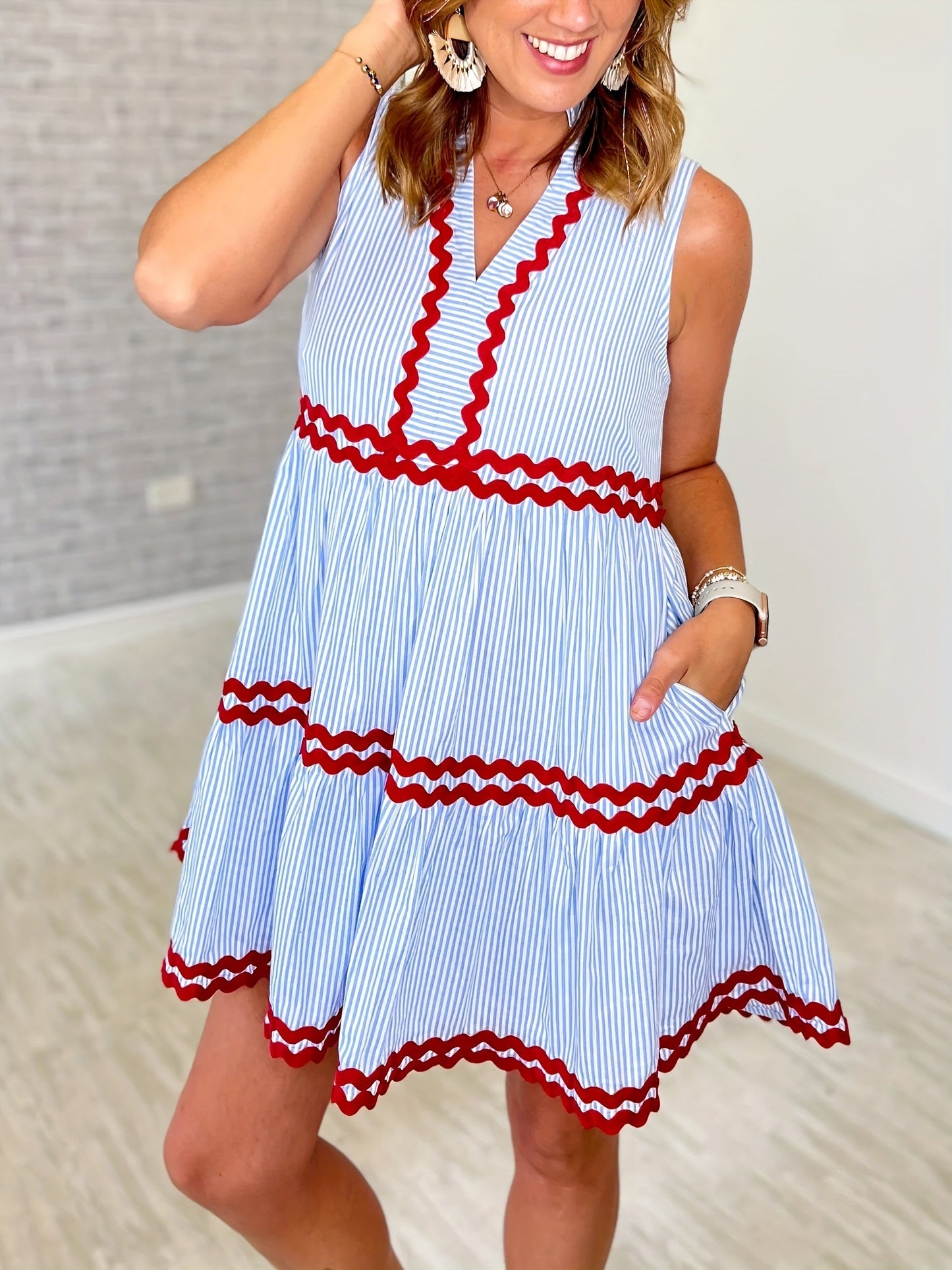 Women's Striped Mini Casual Dress - Pocket detail view