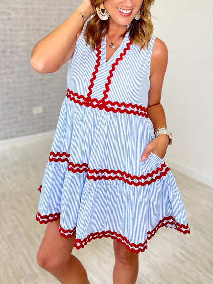 Women's Striped Mini Casual Dress - Pocket detail view