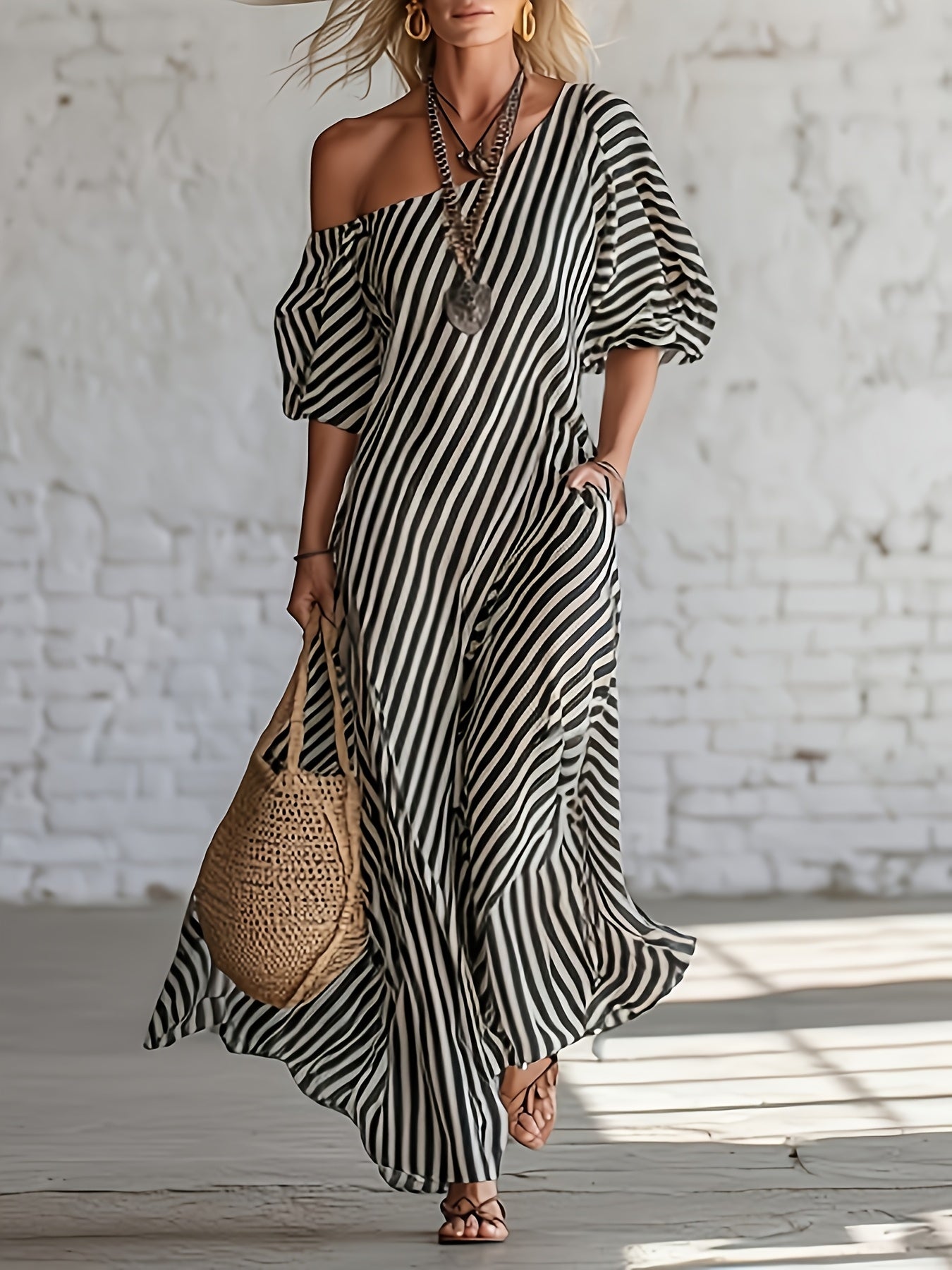 Women's Striped One Shoulder Maxi Vacation Dress - Pocket detail view