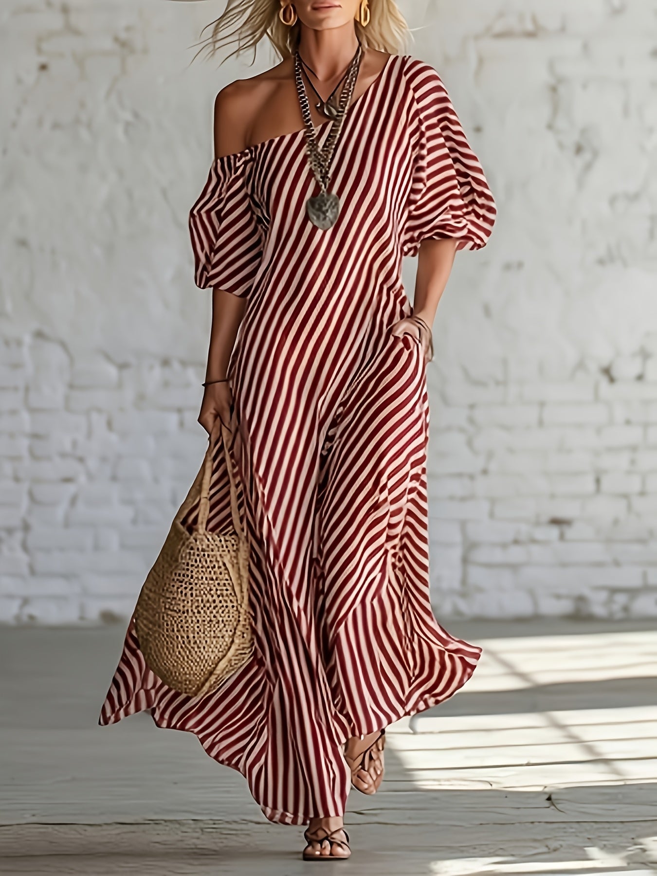 Women's Striped One Shoulder Maxi Vacation Dress - Pocket detail view