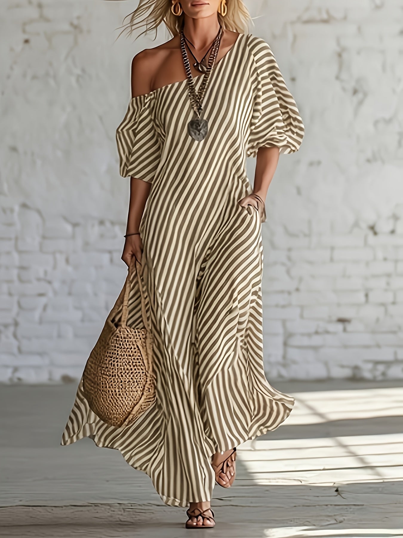 Women's Striped One Shoulder Maxi Vacation Dress - Pocket detail view