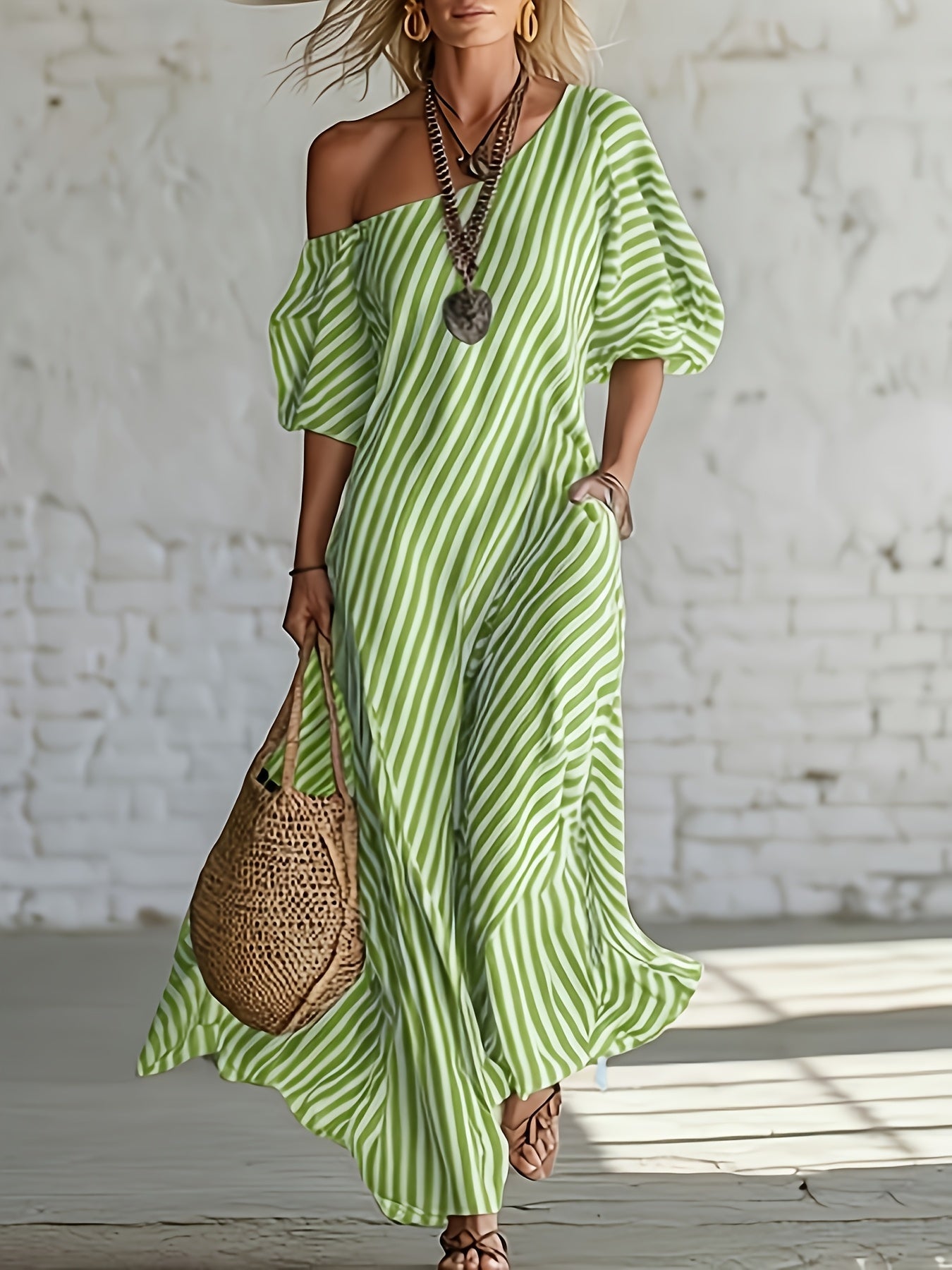 Women's Striped One Shoulder Maxi Vacation Dress - Pocket detail view