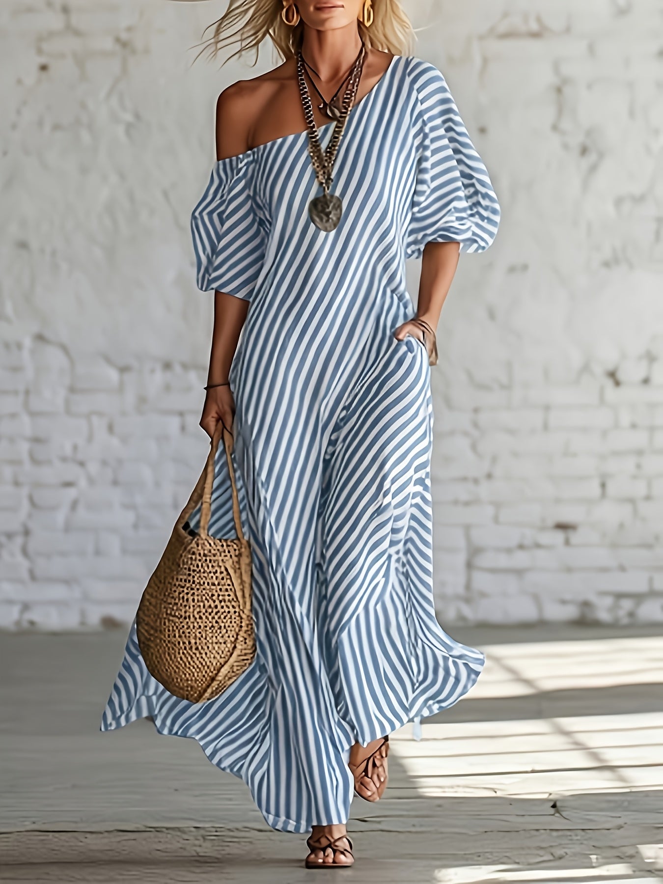 Women's Striped One Shoulder Maxi Vacation Dress - Pocket detail view
