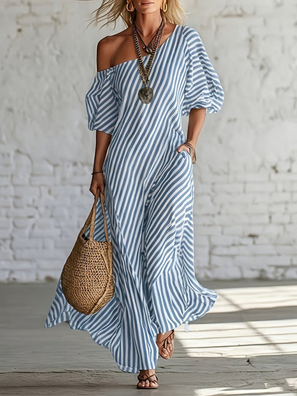 Women's Striped One Shoulder Maxi Vacation Dress - Pocket detail view