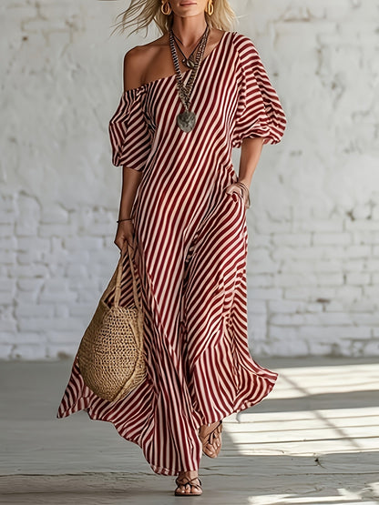 Women's Striped One Shoulder Maxi Vacation Dress - Pocket – Black option – view 3