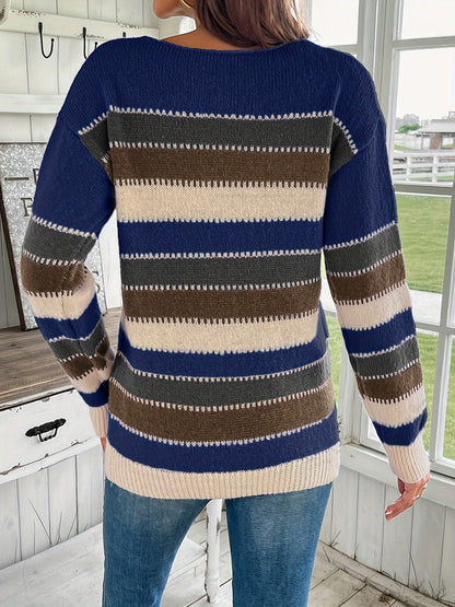 Women's Striped Pullover Sweater - Crew Neck Long Sleeve detail view