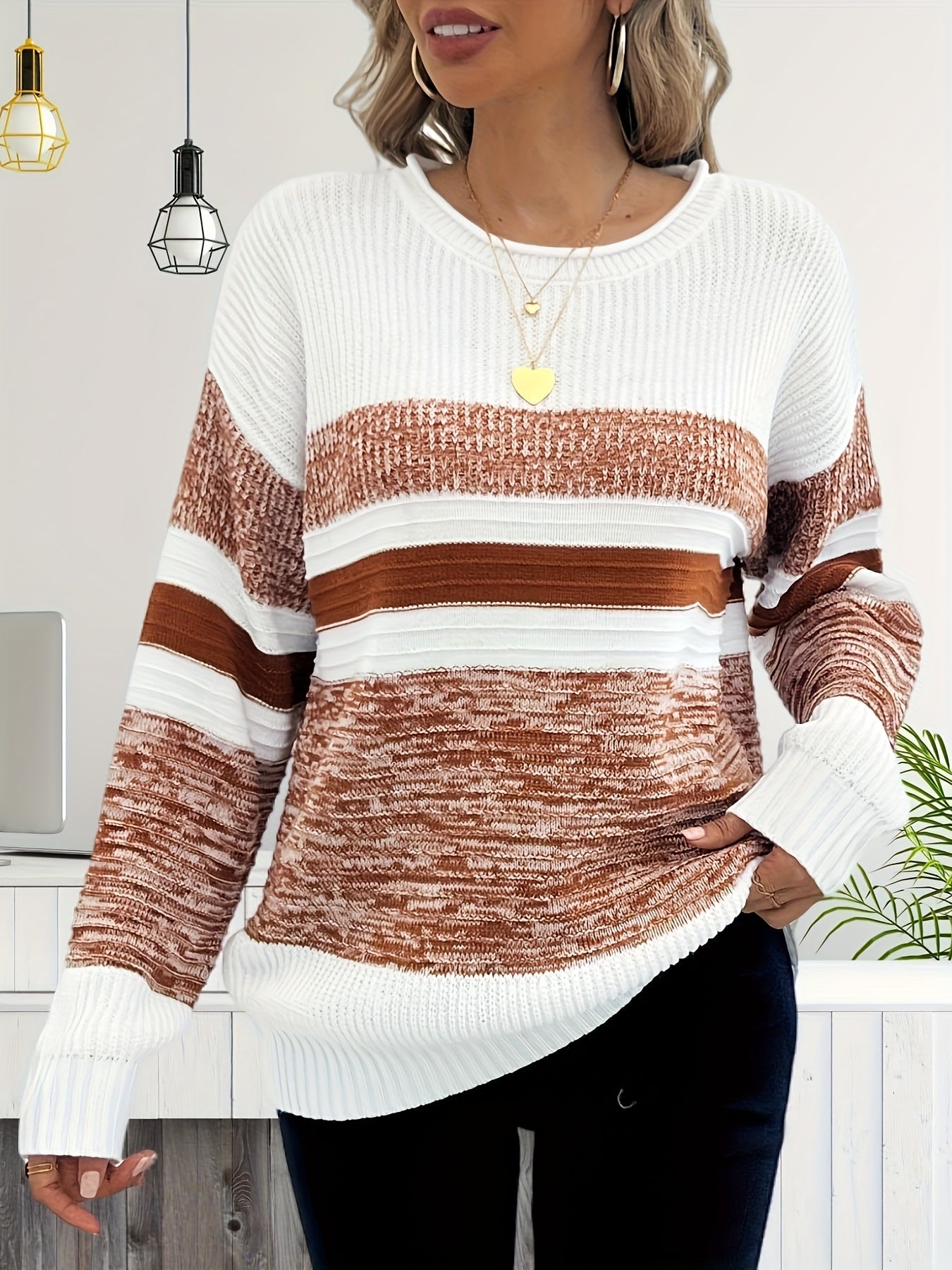 Women's Striped Pullover Sweater - Relaxed Fit Crew Neck – Sizes S–XL detail view
