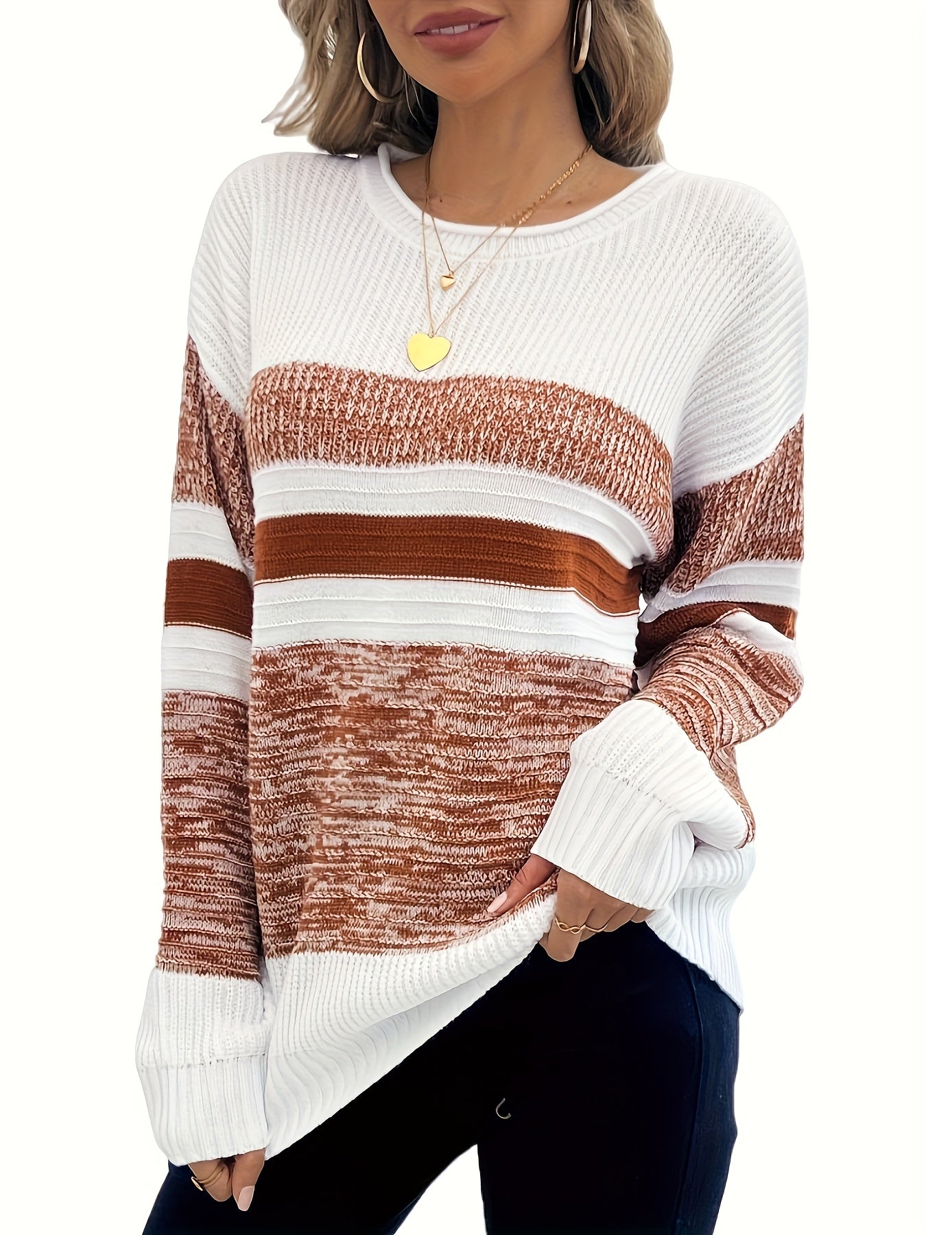Women's Striped Pullover Sweater - Relaxed Fit Crew Neck – Sizes S–XL detail view
