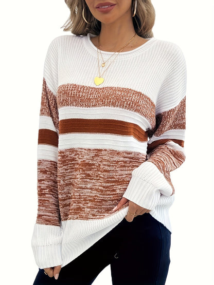 Women's Striped Pullover Sweater - Relaxed Fit Crew Neck – Sizes S–XL – Black option – main product image