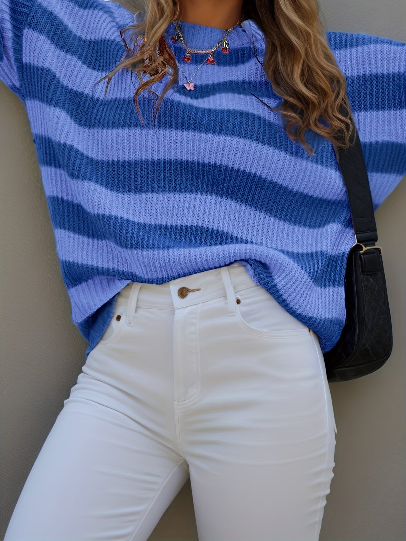 Women's Striped Sweater - Crew Neck Long Sleeve detail view