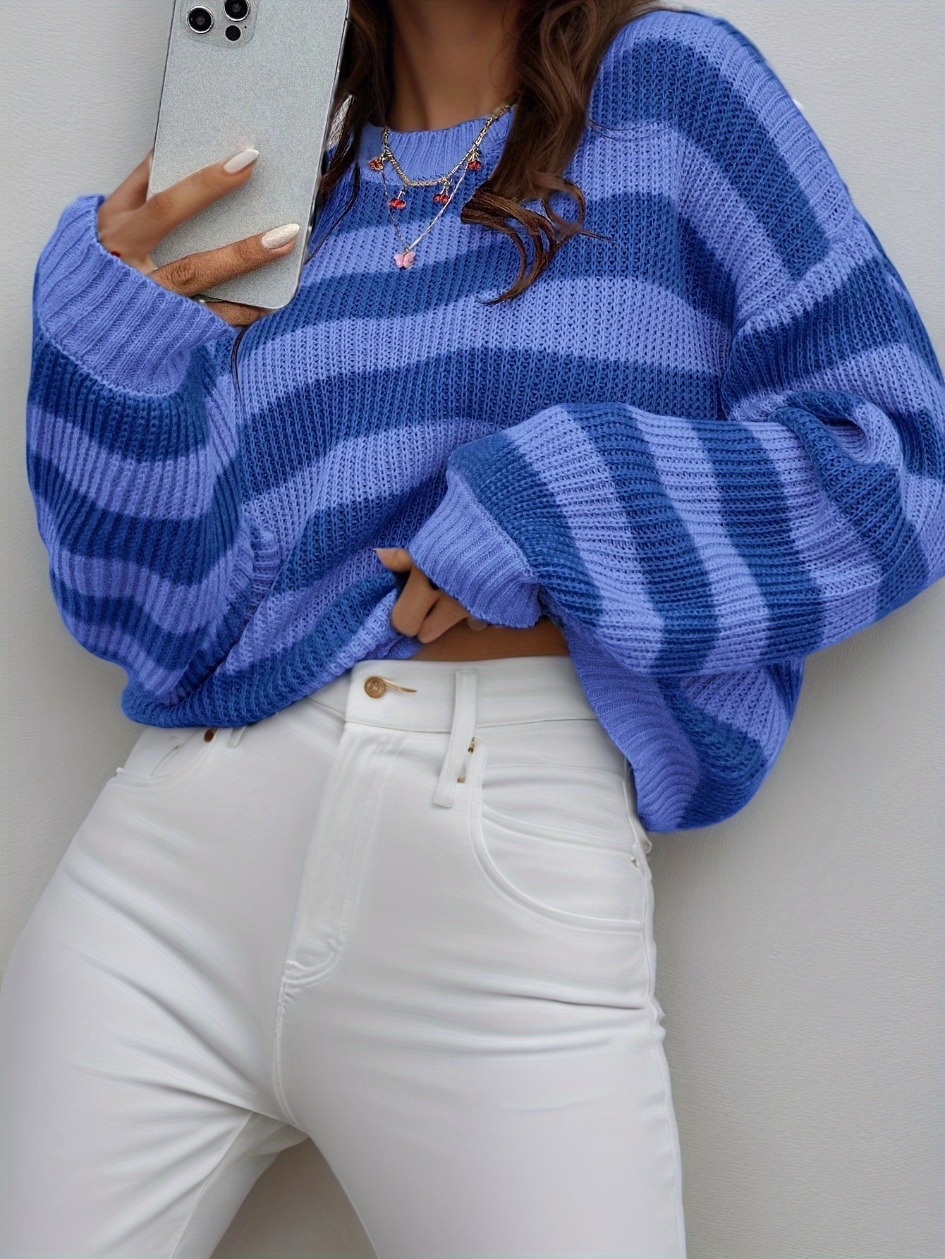 Women's Striped Sweater - Crew Neck Long Sleeve detail view
