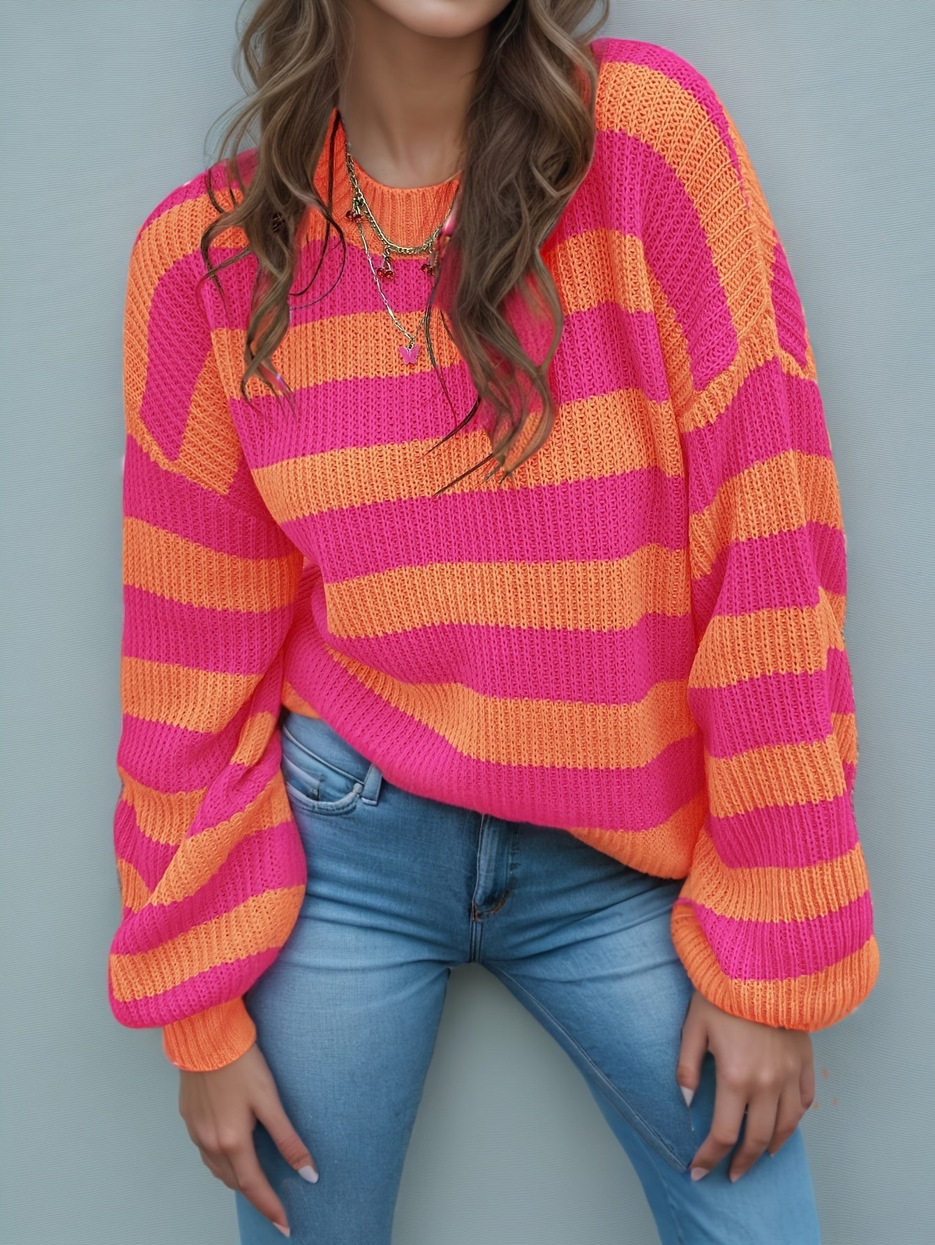 Women's Striped Sweater - Crew Neck Long Sleeve detail view