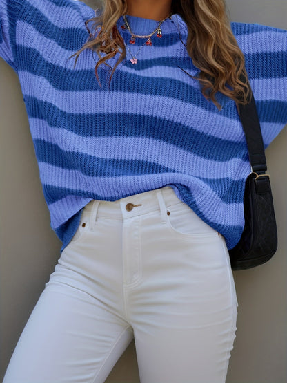 Women's Striped Sweater - Crew Neck Long Sleeve – Blue option – view 2