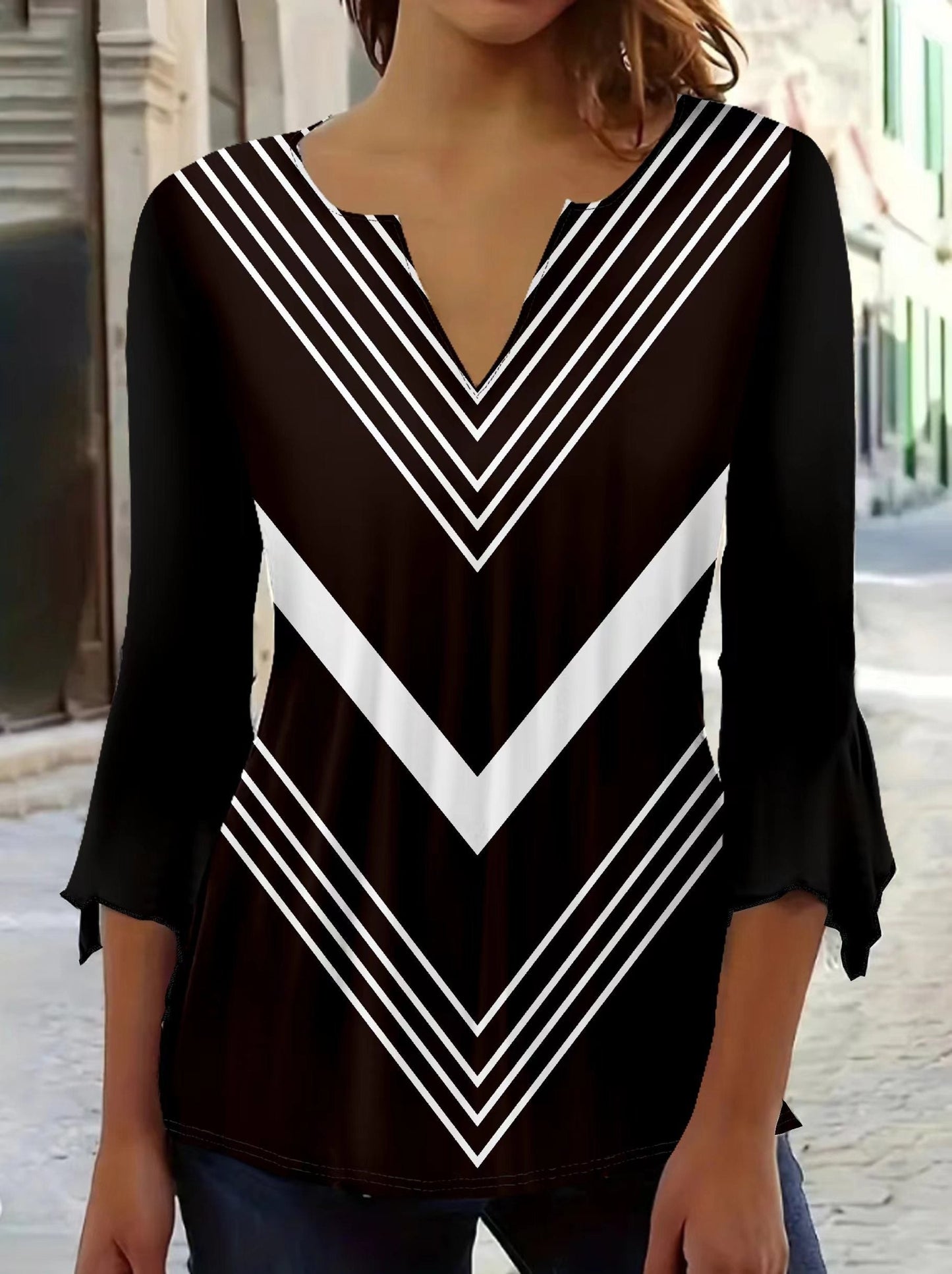 Women's Striped T-Shirt - Round Neck Three-Quarter Sleeve – Black option – main product image