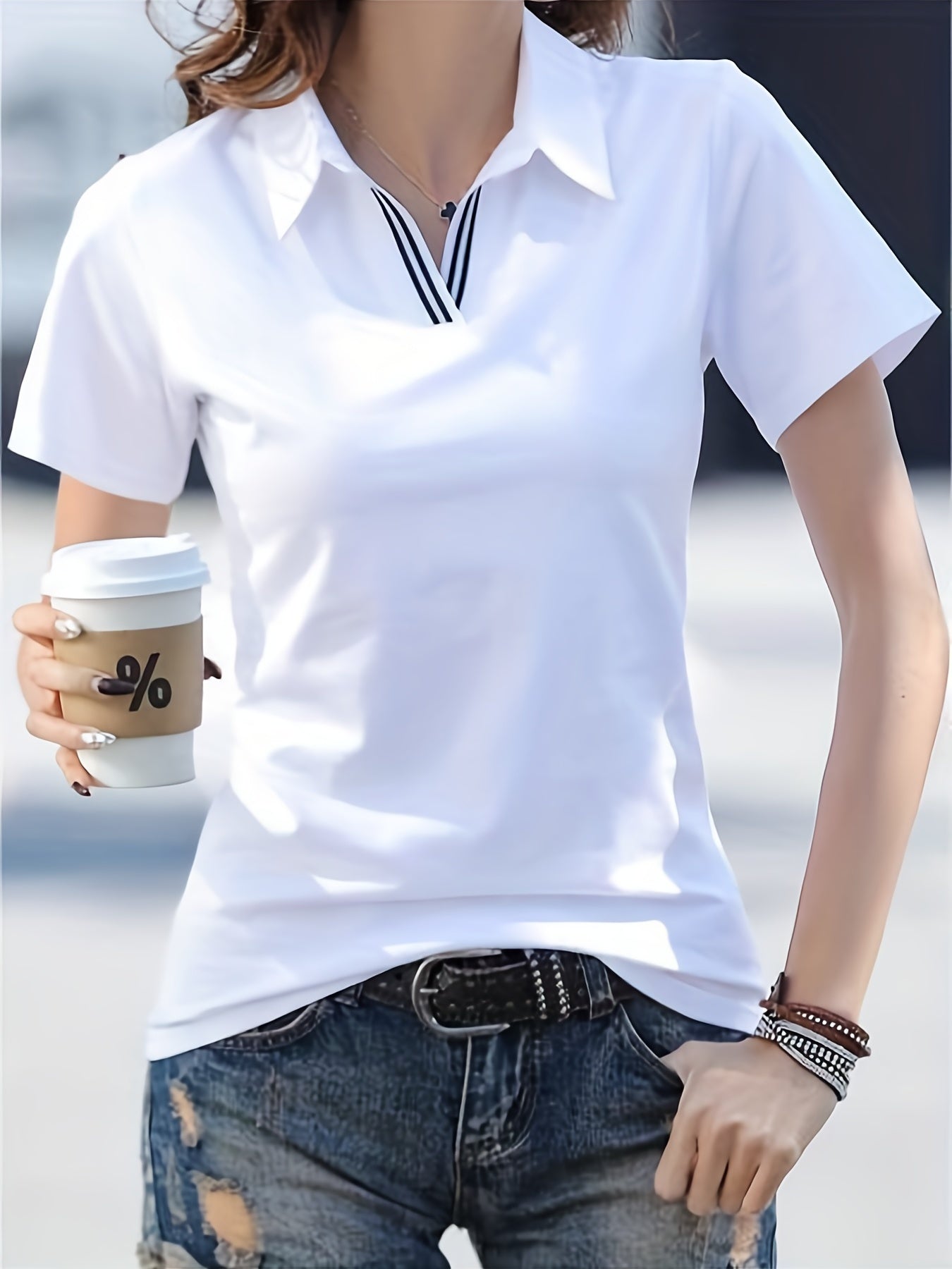 Women's Striped T-Shirt - V-Neck Short Sleeve detail view
