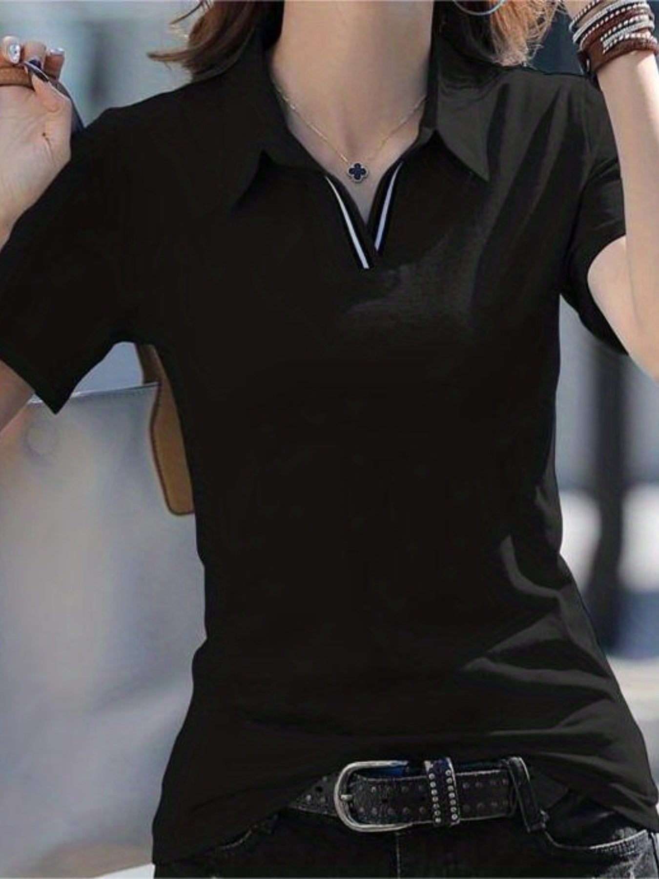 Women's Striped T-Shirt - V-Neck Short Sleeve detail view