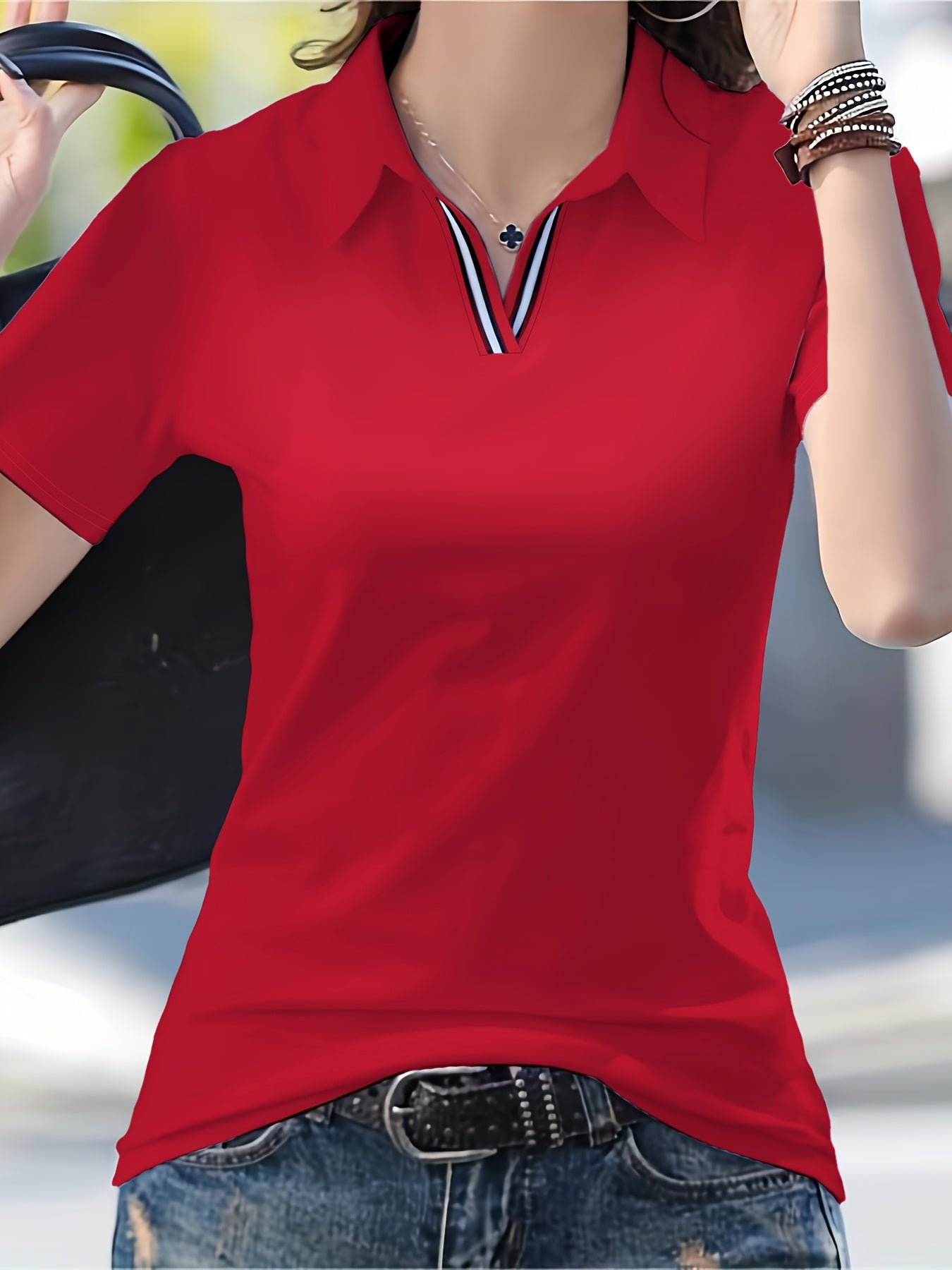 Women's Striped T-Shirt - V-Neck Short Sleeve detail view