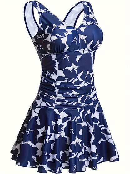 Women's Swim Dress - Floral Print V-Neck detail view