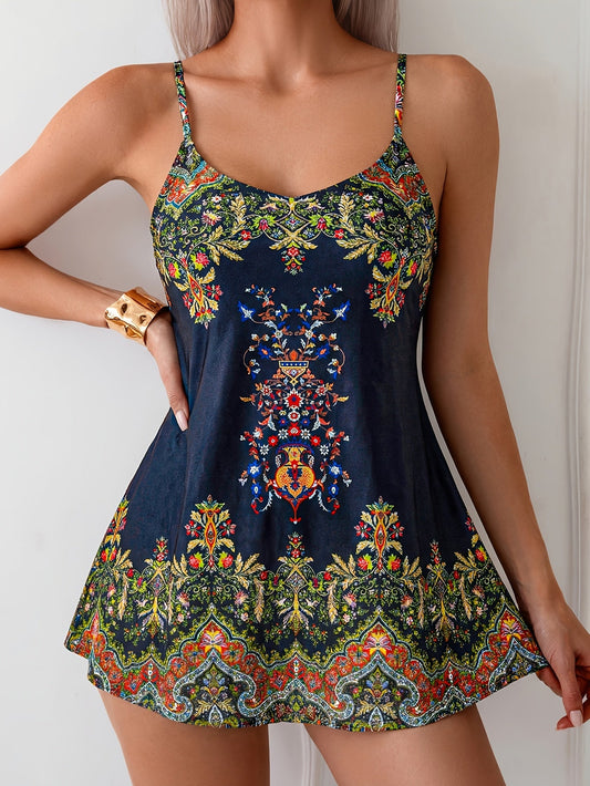 Women's Swim Dress - Tropical Print V-Neck Tummy Control – main product image