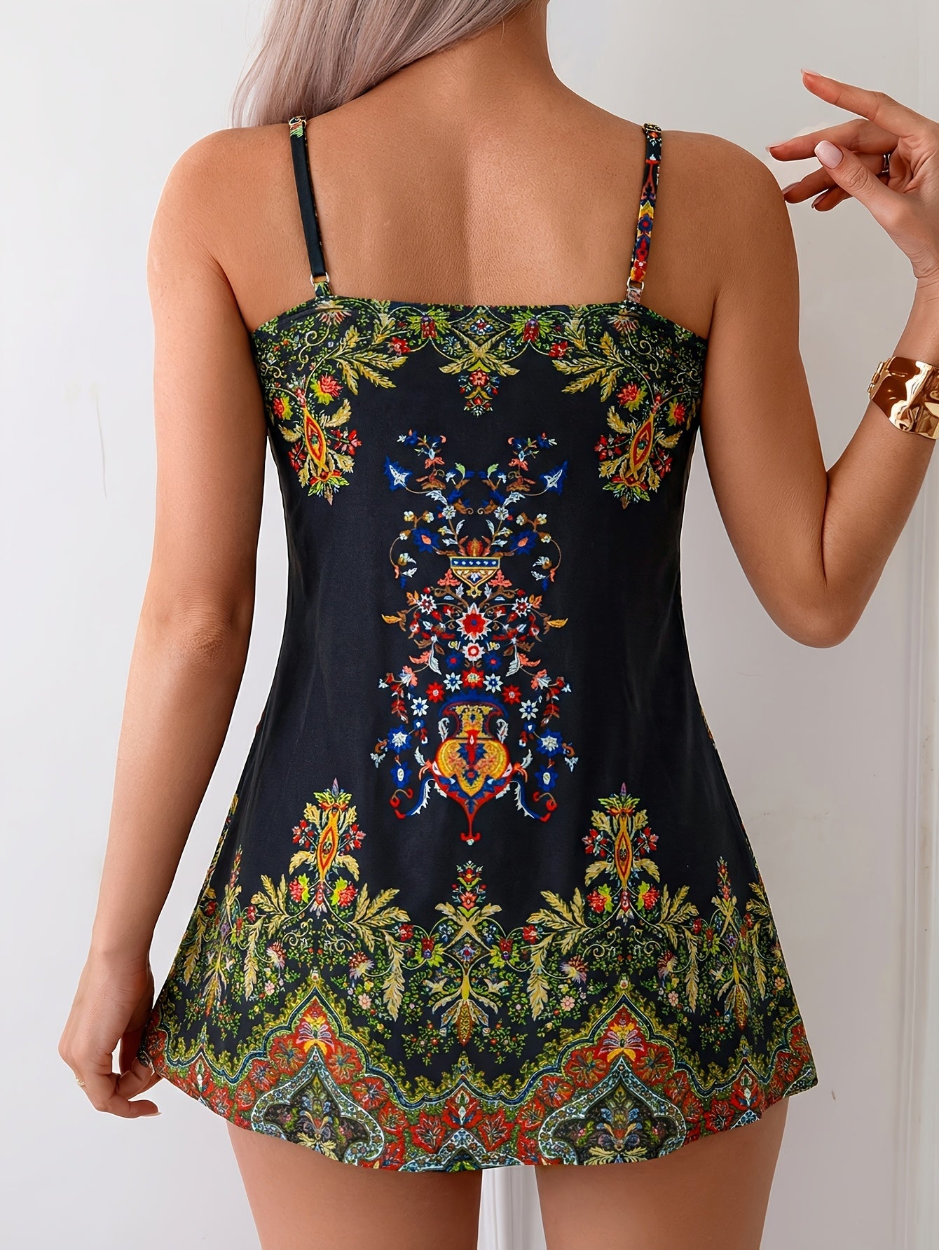 Women's Swim Dress - Tropical Print V-Neck Tummy Control detail view