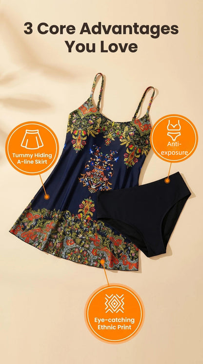 Women's Swim Dress - Tropical Print V-Neck Tummy Control detail view