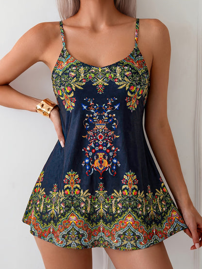 Women's Swim Dress - Tropical Print V-Neck Tummy Control detail view