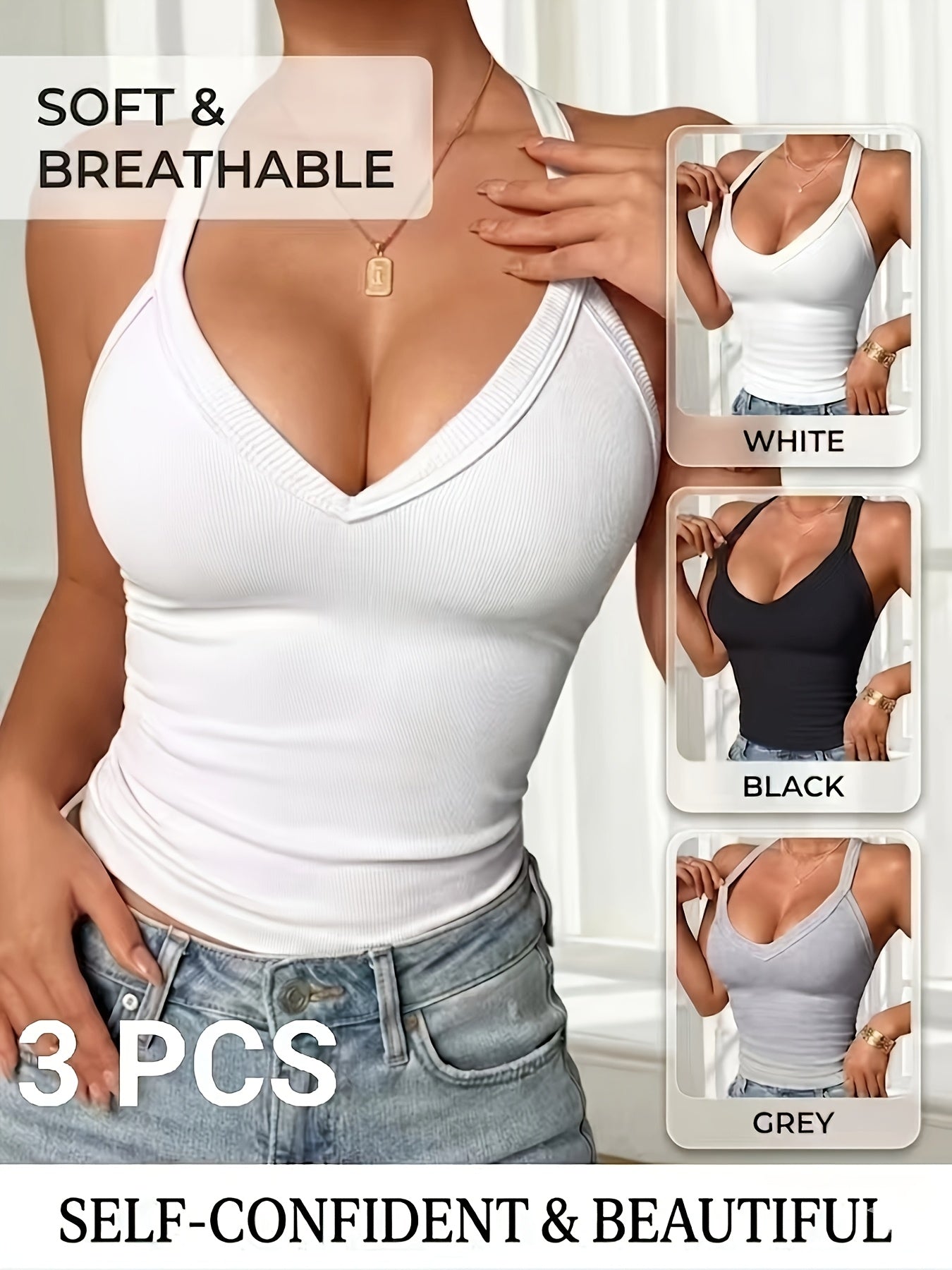 Women's Tank Top – 3pcs Women'S Ribbed V neck Vest Comfortable Breathable Sexy Slim Fit – main product image