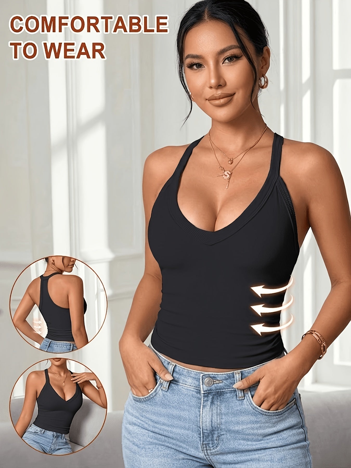 Women's Tank Top – 3pcs Women'S Ribbed V neck Vest Comfortable Breathable Sexy Slim Fit – view 9