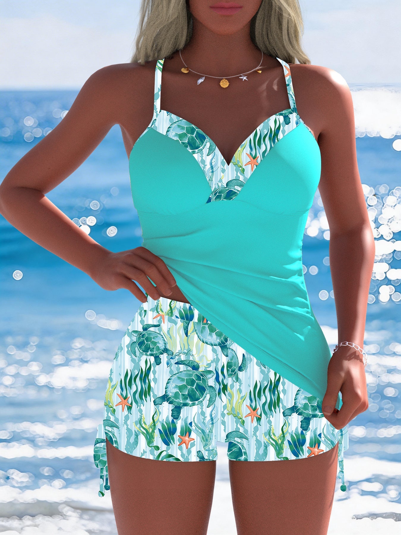 Women's Tankini - Floral Print – Lake Blue Graphic Design 72293 detail view