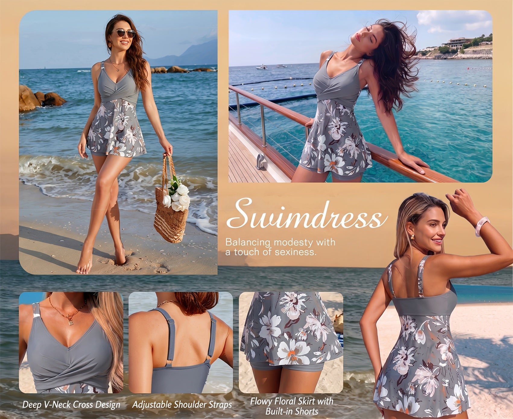 Women's Tankini - Floral Print V-Neck detail view
