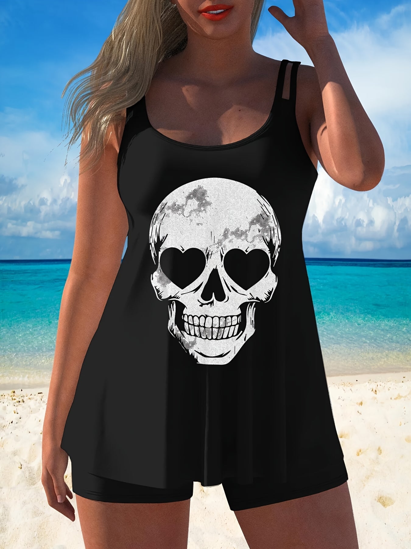 Women's Tankini - Skull Print Classic Neckline – Black option – main product image