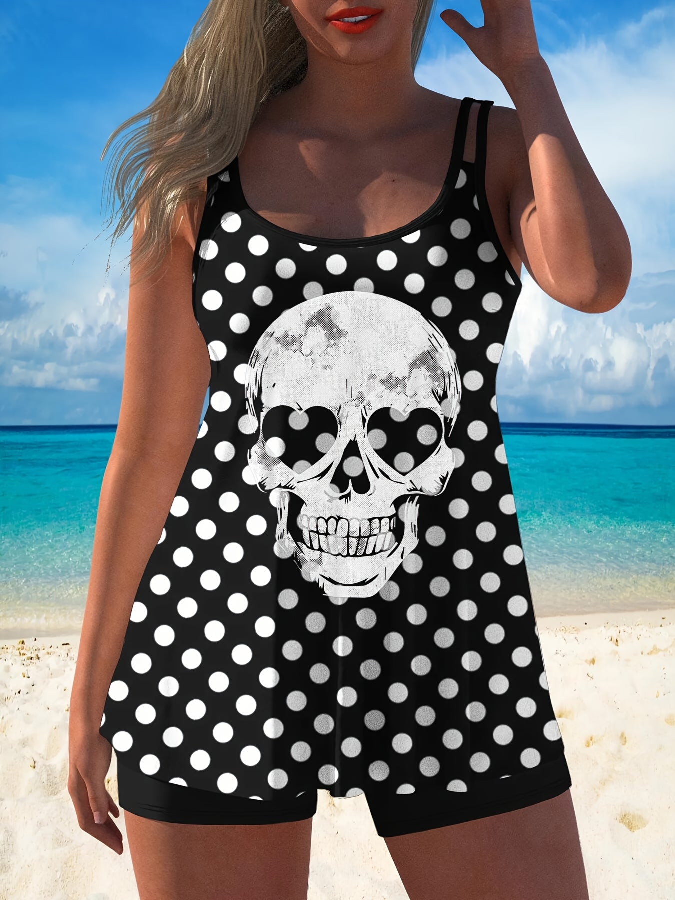 Women's Tankini - Skull Print Classic Neckline – Black option – view 3
