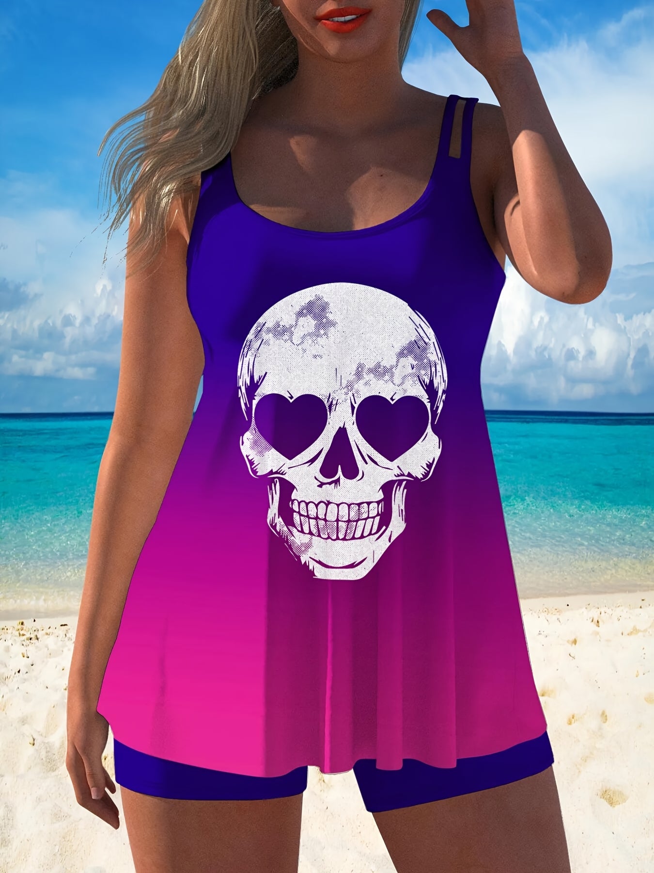 Women's Tankini - Skull Print Classic Neckline – Black option – view 4